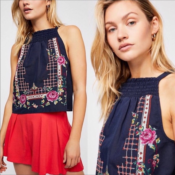 Free People NWT Honey Pie embroidered navy tank - Picture 3 of 8